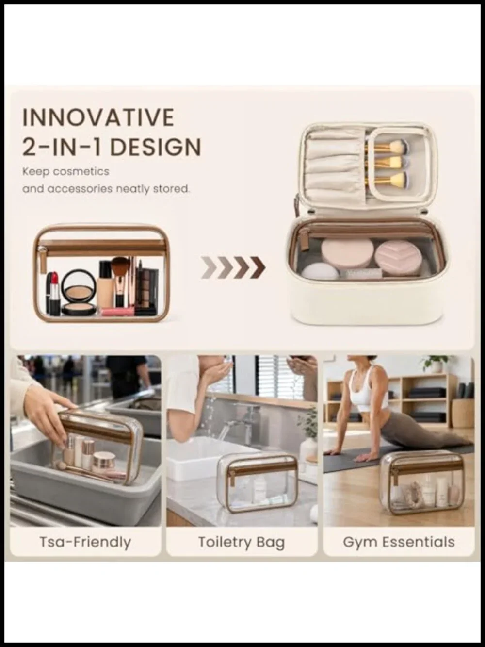 2 Pc Makeup Bag Set Travel Cosmetic Case Vegan Leather Jewelry Organizer Clear